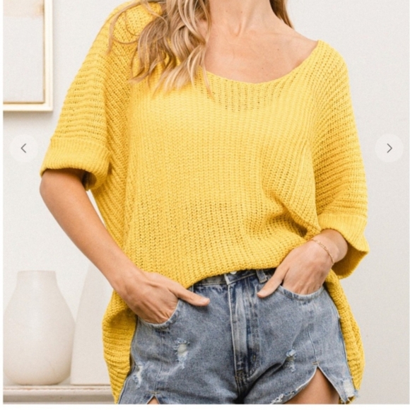 NEW Yellow Solid Open Knit Boxy Sweater With Pocket - Picture 1 of 7